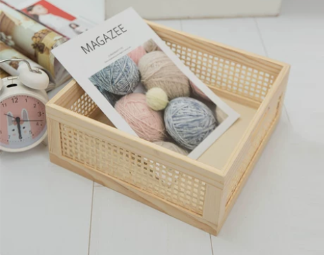 金柳桌面原木色藤编收纳筐收纳盒竹编玄关盒置...