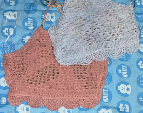 外贸@钩花针织挂脖系带背心露背女夏季度假风...