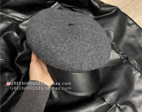 日系羊毛呢贝雷帽子女秋冬复古百搭皮质帽檐英...