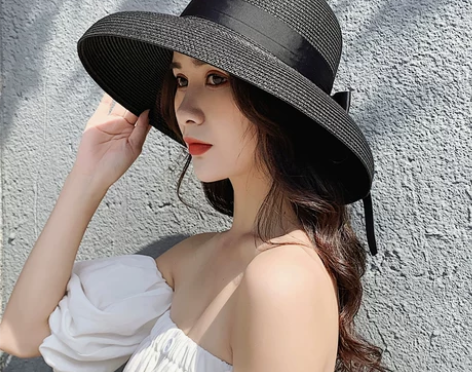 复古赫本黑色网红草帽遮阳帽防晒度假海边沙滩...
