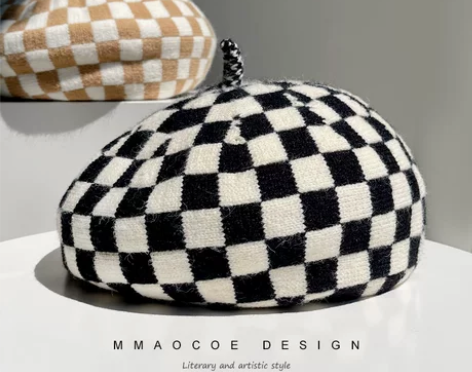棋盘格贝雷帽女秋冬季网红款黑白羊绒毛线英伦...