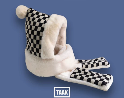 ins棋盘格毛球帽子围巾手套一体仿皮草毛绒...