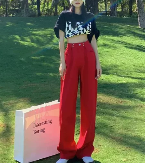 红色阔腿牛仔裤女高腰显瘦直筒拖地国潮高街潮...