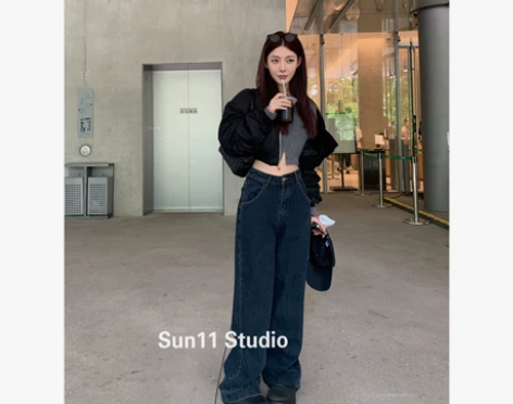 SUN11 深蓝色复古直筒牛仔裤女高腰阔腿...