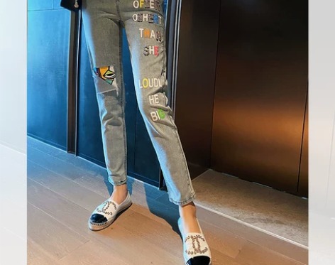 巴掌家欧洲站重工印花镶钻牛仔裤女宽松显瘦直...