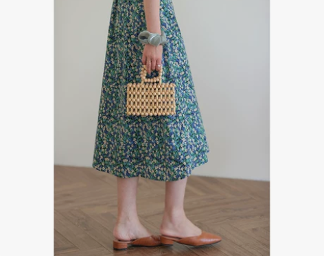 松紧腰碎花半身裙撞色a字裙中长裙女2021...