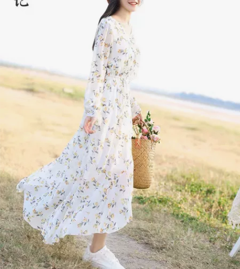 田园风连衣裙女长款森系学生碎花雪纺裙子显瘦...