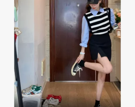 秋季新款小清新女装港风chic时尚马甲衬衫...