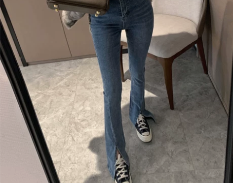裤脚开叉牛仔裤微喇叭裤女高腰显瘦坠感chi...