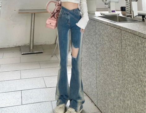港味喇叭裤女夏季薄款高腰辣妹破洞阔腿长裤显...