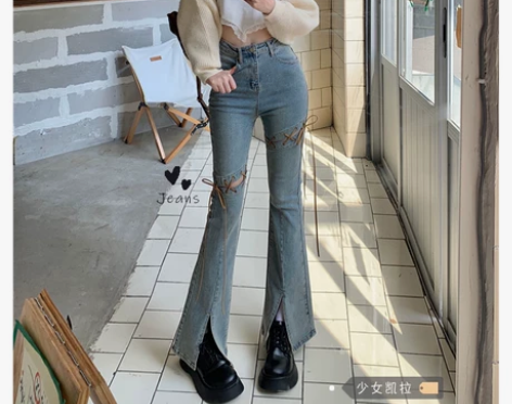 高腰绑带牛仔裤女2022秋季新款美式辣妹开...