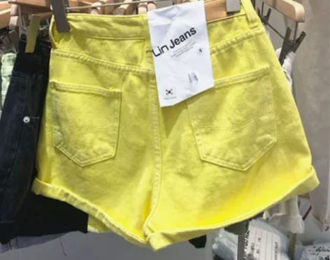 柠檬黄牛仔短裤女2022夏季新款韩版高腰阔...