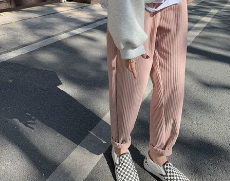 粉色灯芯绒裤子女秋冬2020新款高腰宽松直...