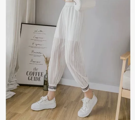 薄款防蚊裤夏季雪纺休闲裤女高腰九分束脚网纱...