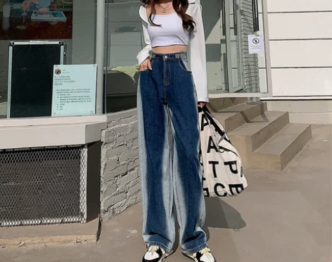 全新渐变阔腿牛仔裤女春季宽松显瘦垂感设计感...