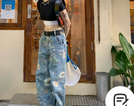 花卉阔腿牛仔裤女胖mm春秋大码高腰设计感小...