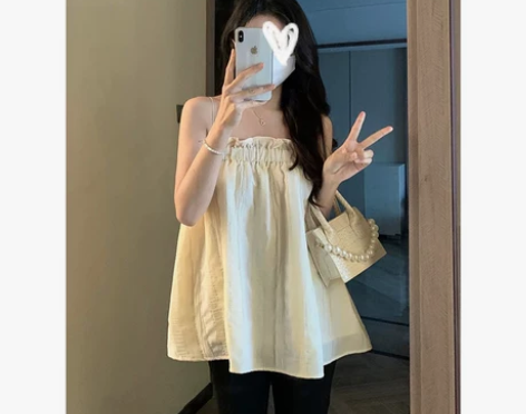 浅黄色条纹露锁骨吊带抹胸上衣女夏背心法式娃...
