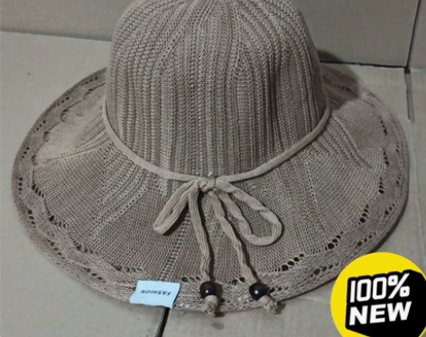 低价出女士大檐遮阳草帽卡其色全新沙滩帽有防...