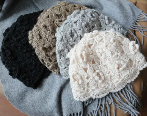 手工编织毛线帽子女秋冬百搭洋气时尚潮勾花镂...