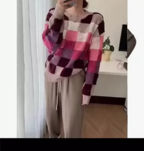 濮院【像素调色盘】棋盘格糯宽松毛衣 紫色拼...