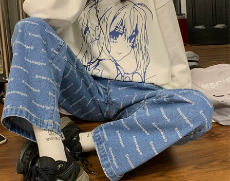 BLACK自制牛仔裤女秋冬新款宽松直筒裤字...