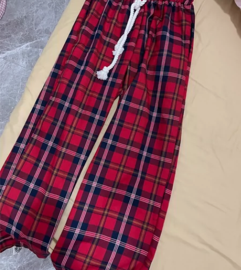 拖地红色格子休闲裤女秋冬新款美式复古宽松直...