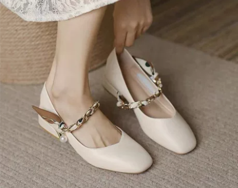 真皮粗跟单鞋2022新款秋季浅口中跟法式珍...