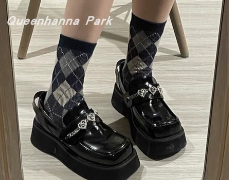 网红同款方头松糕厚底黑色小皮鞋女复古英伦风...