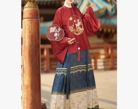 原创汉服女麋鹿明制长裙妆花一片式马面裙圆领...