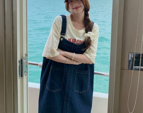 中长款牛仔背带裙女夏韩版宽松显瘦小个子减龄...