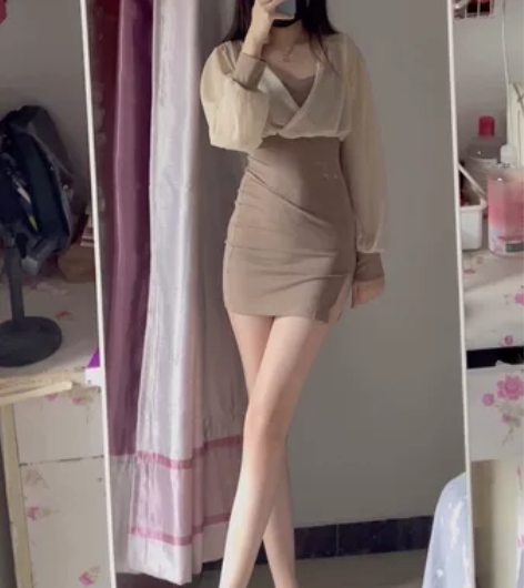 纯欲风性感开叉雪纺拼接假两件连衣裙韩版包臀...