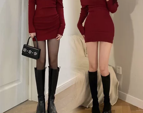 红色一字领露肩针织连衣裙女秋冬内搭打底修身...