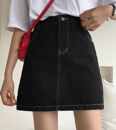 明线牛仔半身裙女夏黑色A字裙 m码数 非常...