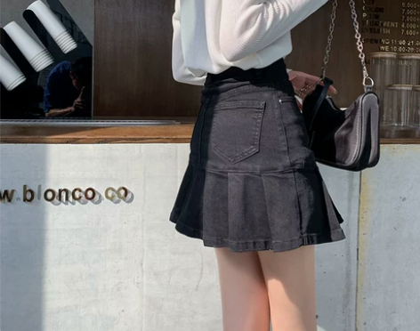 黑色牛仔短裙女超短高腰裙子半身裙a字百褶裙...