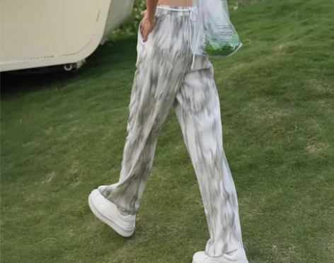 绿色冰丝渐变扎染休闲裤女 宽松直筒高腰垂感...