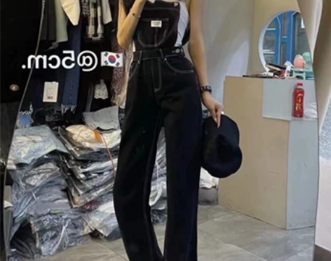壹号OOTD黑色拖地牛仔背带裤女高腰显瘦