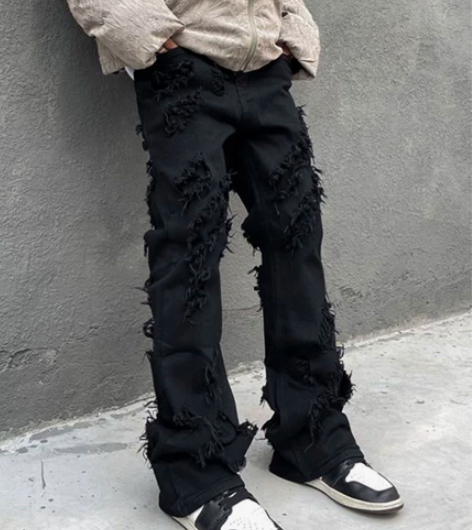 RO风美式高街暗黑双层毛须破坏破洞糜烂修身...