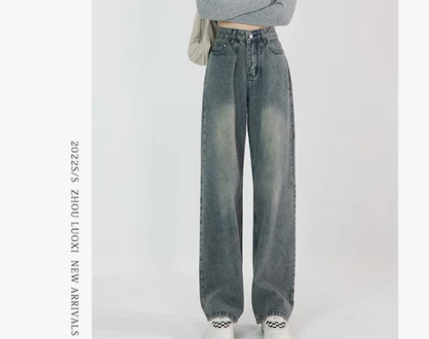 水洗复古蓝阔腿牛仔裤女夏季宽松直筒拖地裤2...