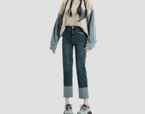 RJVO九分翻边修身直筒牛仔裤女2022秋...