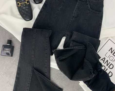 韩国东大门高腰两粒扣设计感裤脚开叉喇叭裤牛...