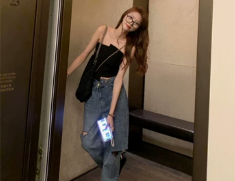 设计感破洞牛仔裤女2021夏季新款韩系复古...