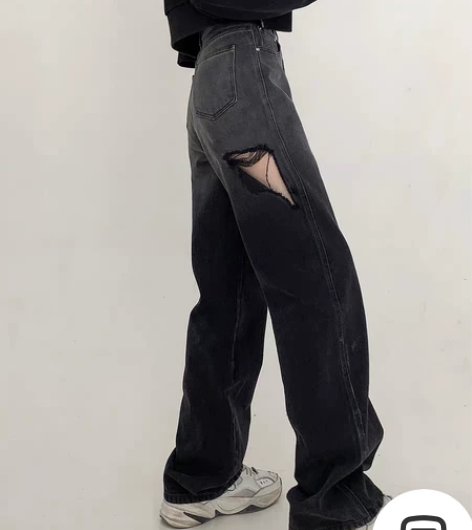 破洞牛仔裤女2021年早春新款高腰宽松直筒...