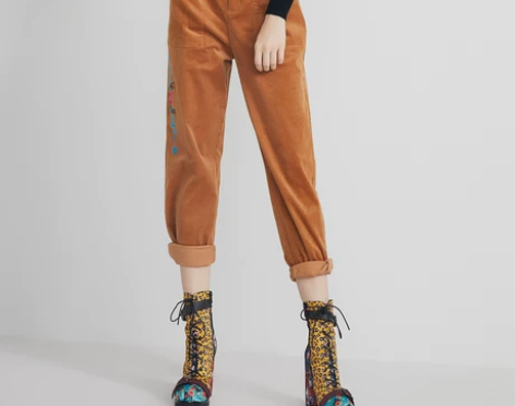 mikibana卡其色休闲裤女宽松韩版刺绣...