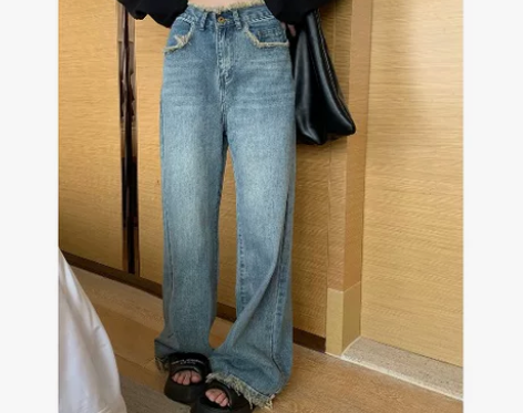 PPHOME复古回潮~高个子毛边牛仔裤女秋...