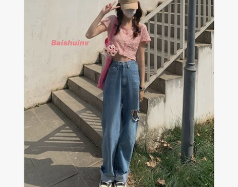 白水女 破洞高腰牛仔裤女夏季新款韩版宽松显...