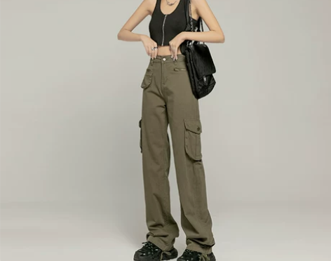 街头美式阔腿牛仔工装裤女春秋季2022新款...