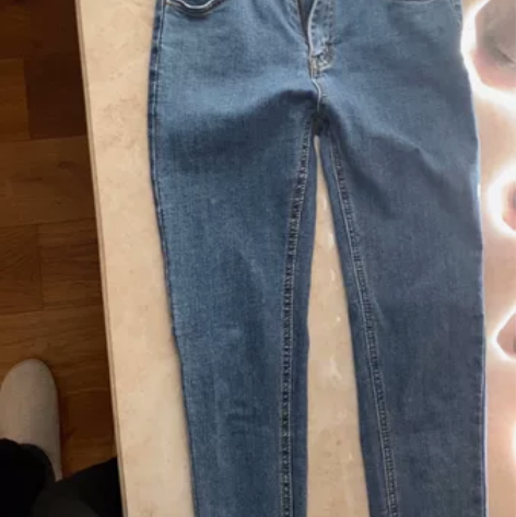 浅布调 单排扣高腰牛仔铅笔裤 加长款 复古...