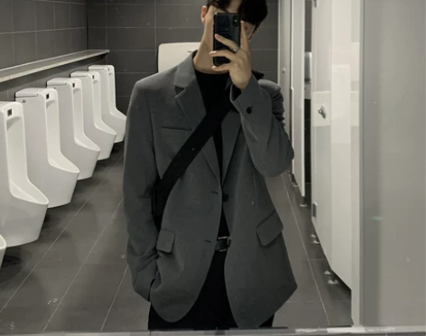 灰色oversize西装外套男ins潮高级...