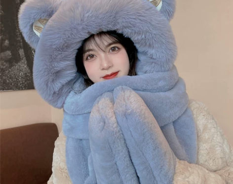 小熊帽子女秋冬季可爱毛绒帽加厚保暖围巾一体...