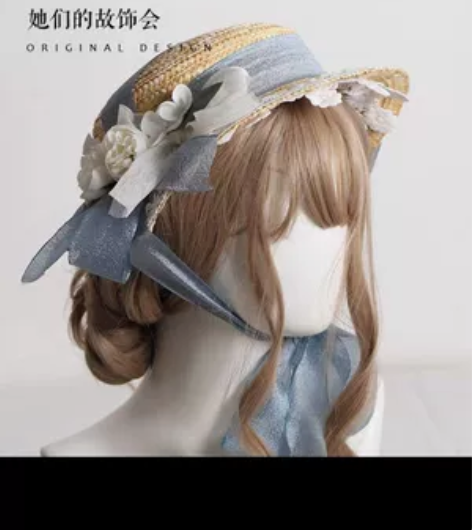 lolita花朵草帽女夏扁帽洛丽塔防晒遮阳...